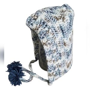 Cozy Acrylic Hand Crochet Knit Pom-Pom Hat Adult OSFM - Blue and White